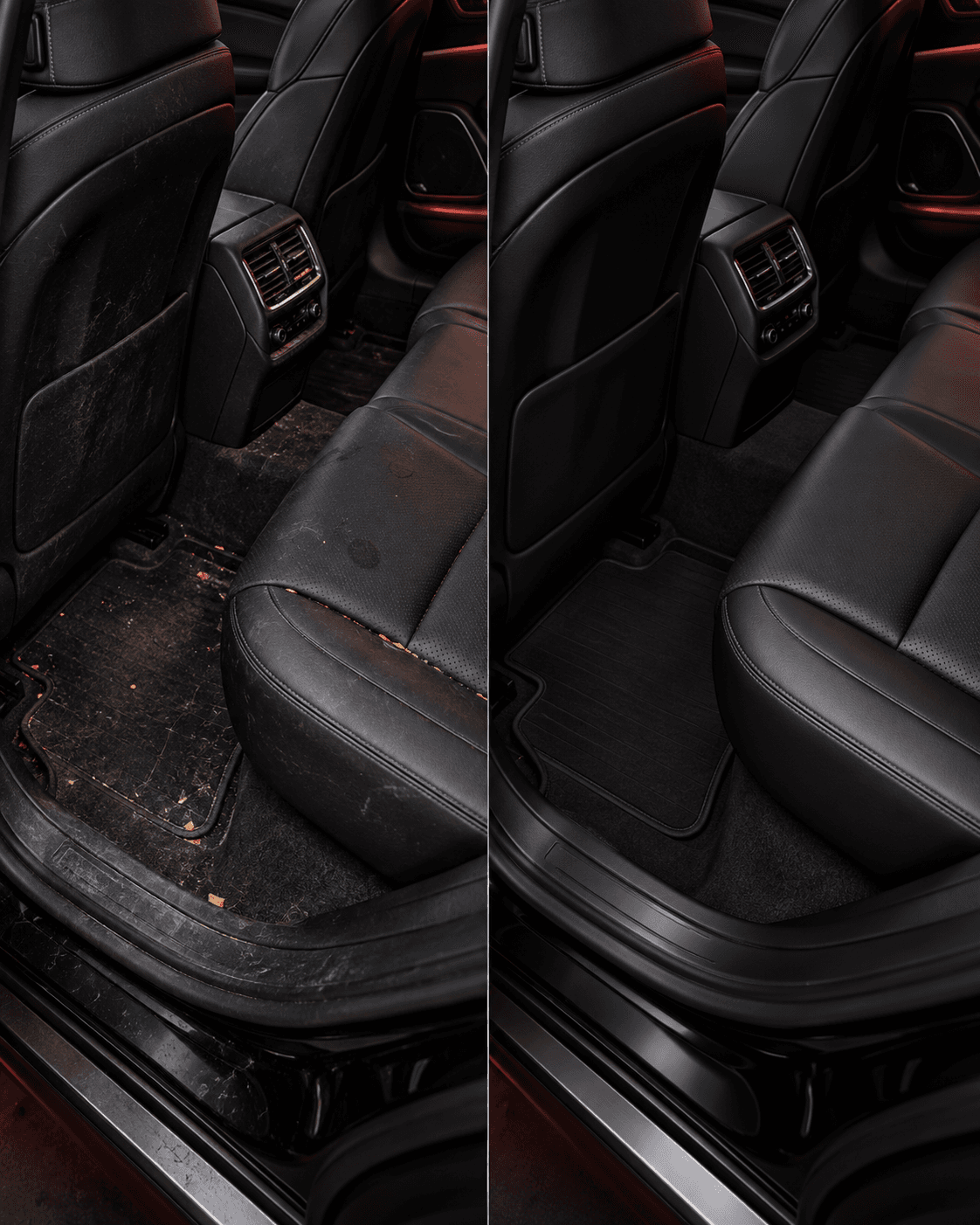 Vehicle interior shown before and after detailing