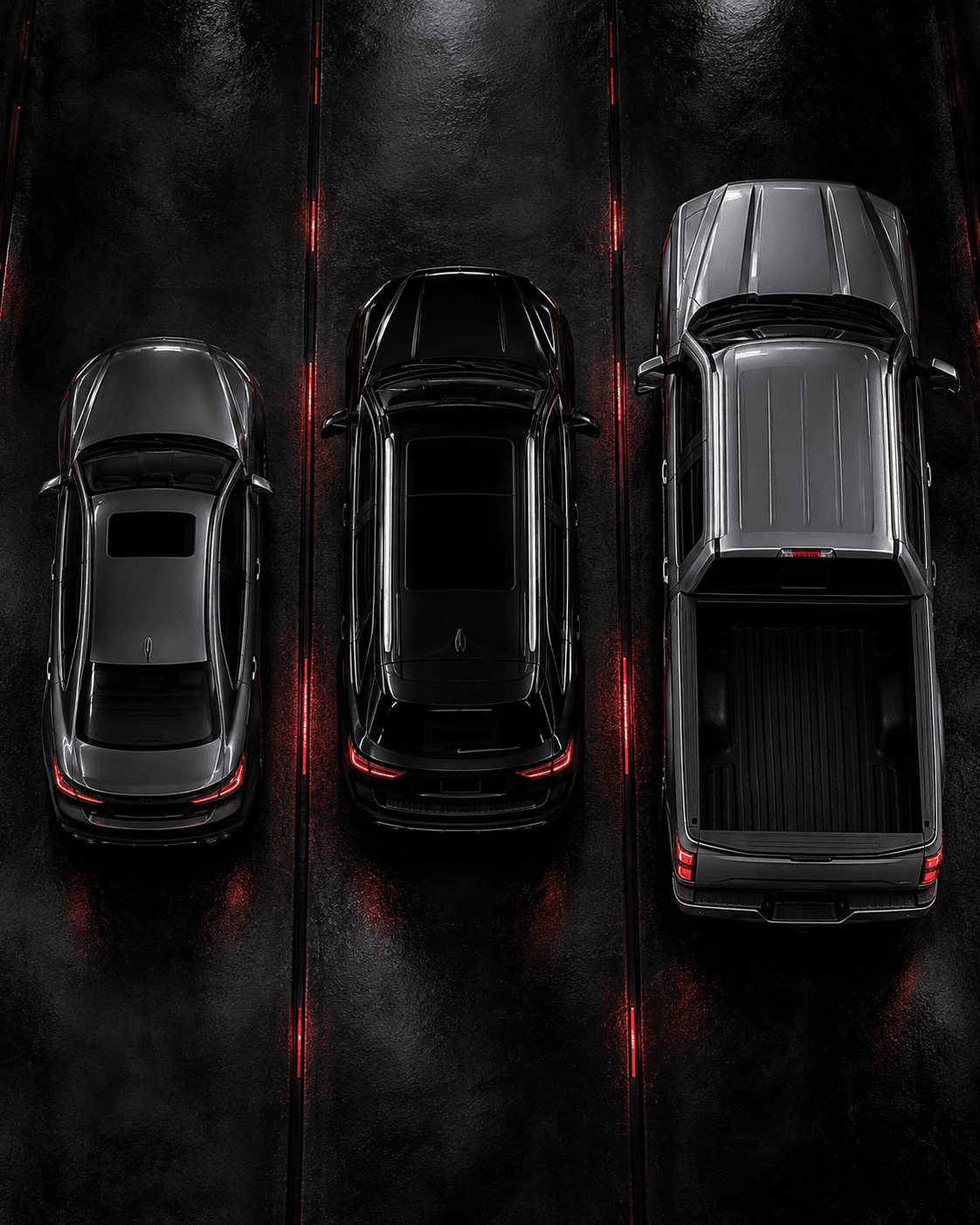Cars, trucks and a three-row SUV parked side by side